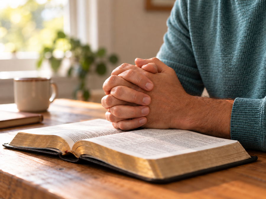 Hands clasped in prayer over an open Bible in warm window light.